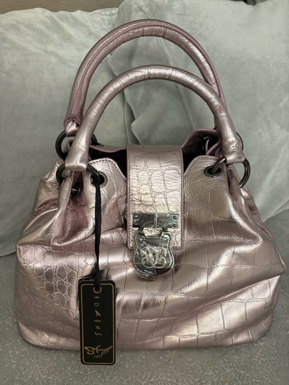Sharif Metallic Rose Pink Croc-Embossed Shoulder Bag